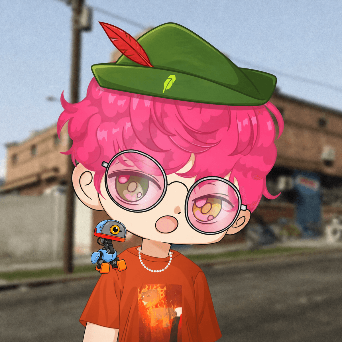Satori trait preview wearing a green Robinhood cap with a Microduck shoulder companion
